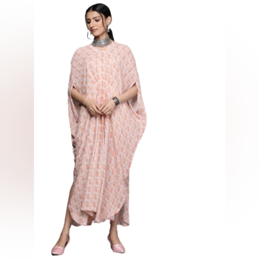 Libas v neckline printed georgette kaftan maxi dress size medium